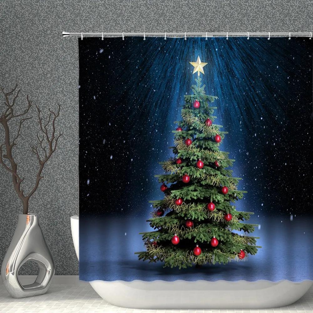 ChristmasTree Bells Shower Curtain Set Happy New Year Waterproof Polyester Cloth Curtains With Hooks Bathroom Home Decor