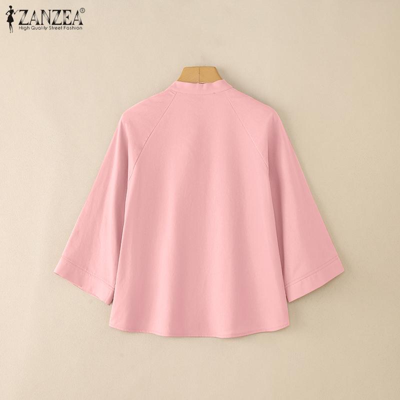ZANZEA Women Casual Stand Collar Loose 3/4 Sleeve Cotton Blouse