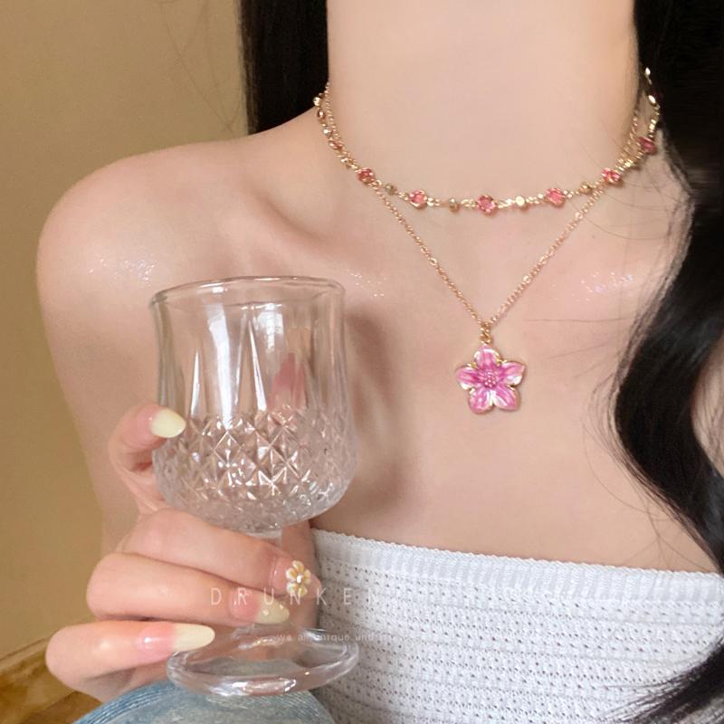 Flower Pendant Layered Necklace Gold Plated Colorful Chain Choker Y2K Aesthetic Jewelry For Women