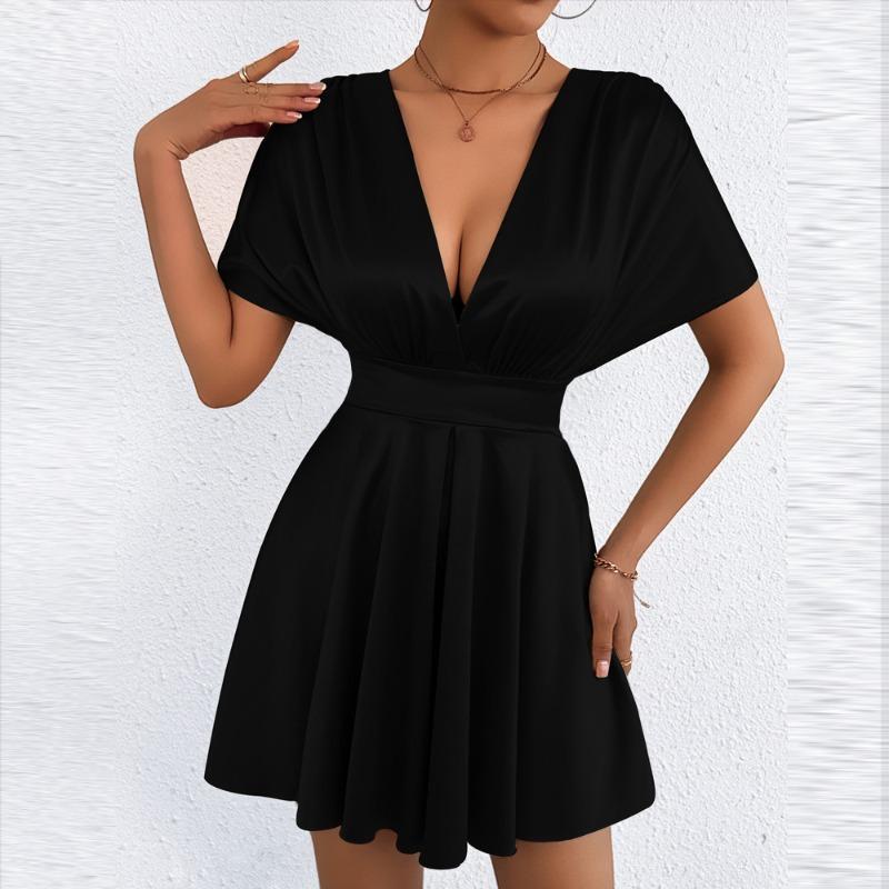 IHUASU Women's Fashion Summer Spring Solid Color Print V-Neck Short Sleeve Casual Dresses