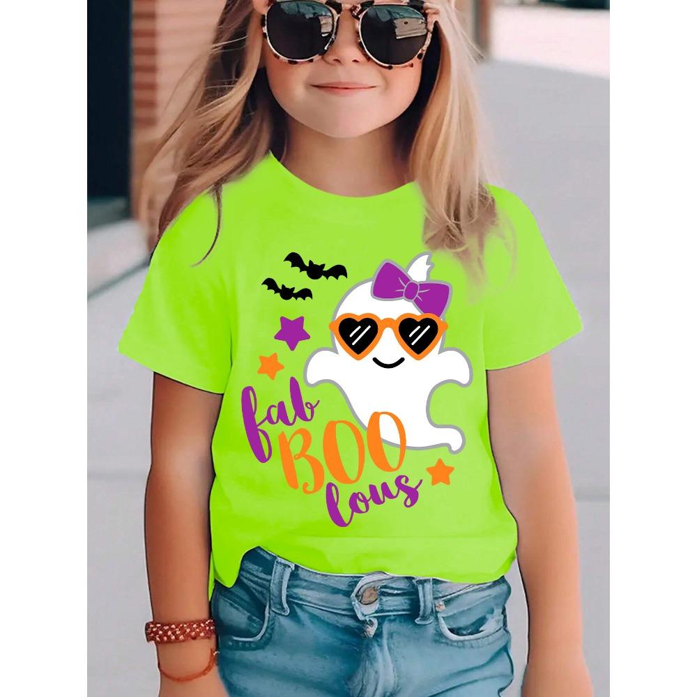 

Summer Fashion Girls Short-sleeved T-shirt, Sunglasses, Bow, Halloween Ghost Cartoon Pattern Print, Casual and Versatile Top 100