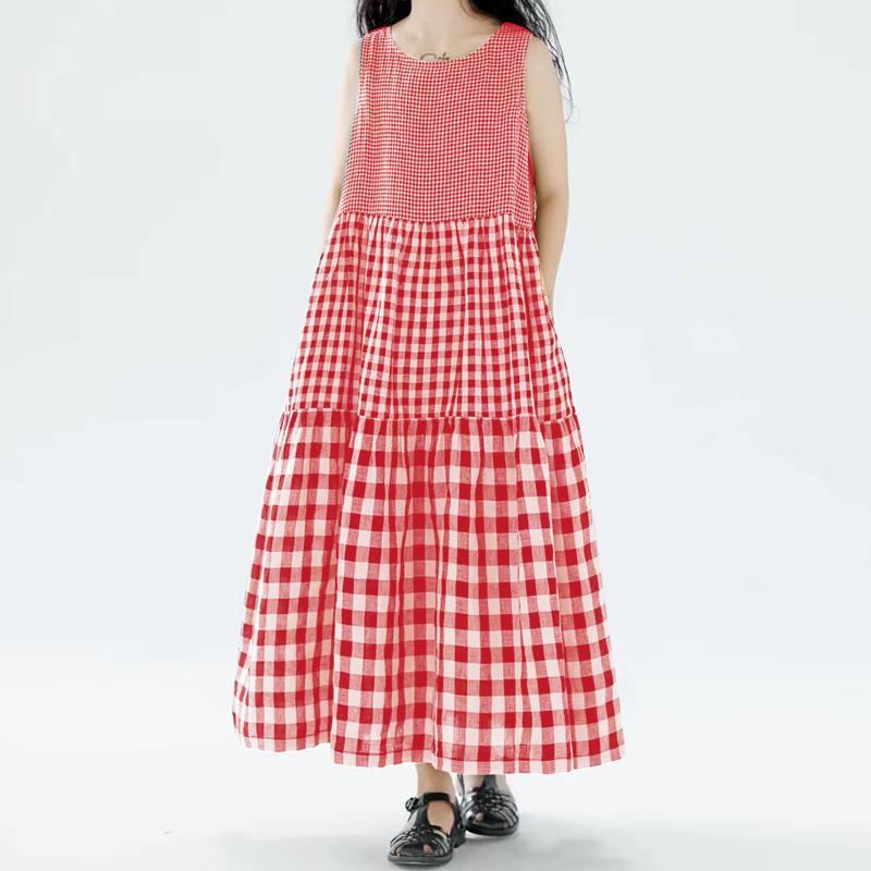 ZANZEA Women Summer Round Neck Sleeveless Plaid A-Line Dress