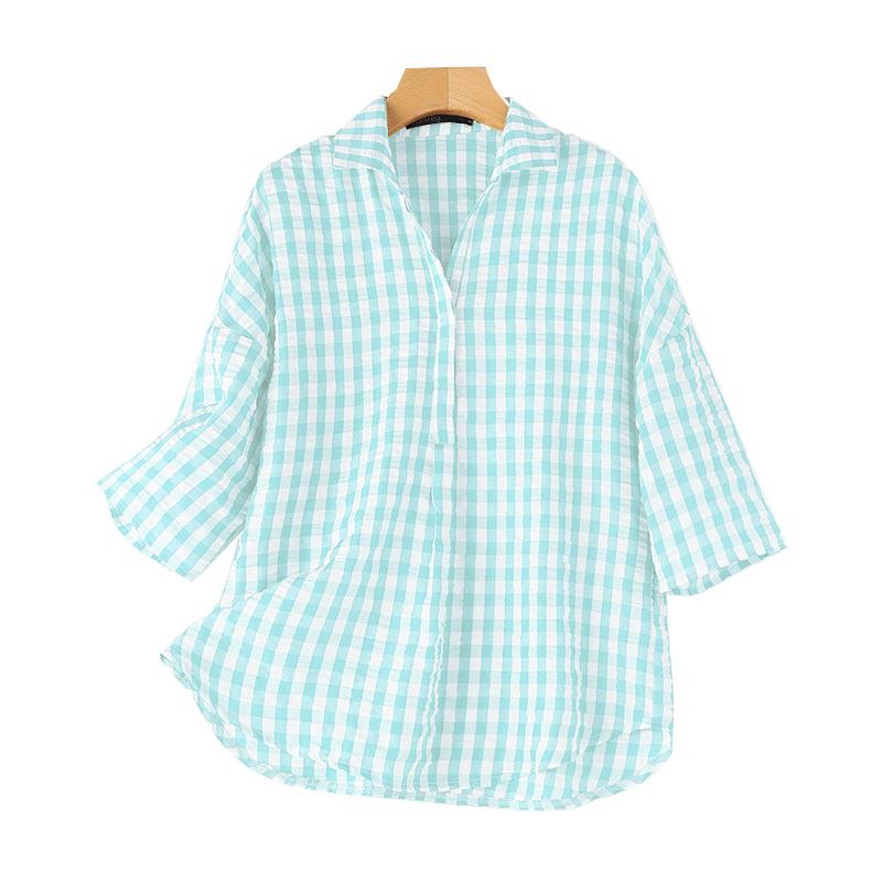 

ZANZEA Женская повседневная блузка с отложным воротником и принтом в сетку, с рукавами 3/4 S светло-синий