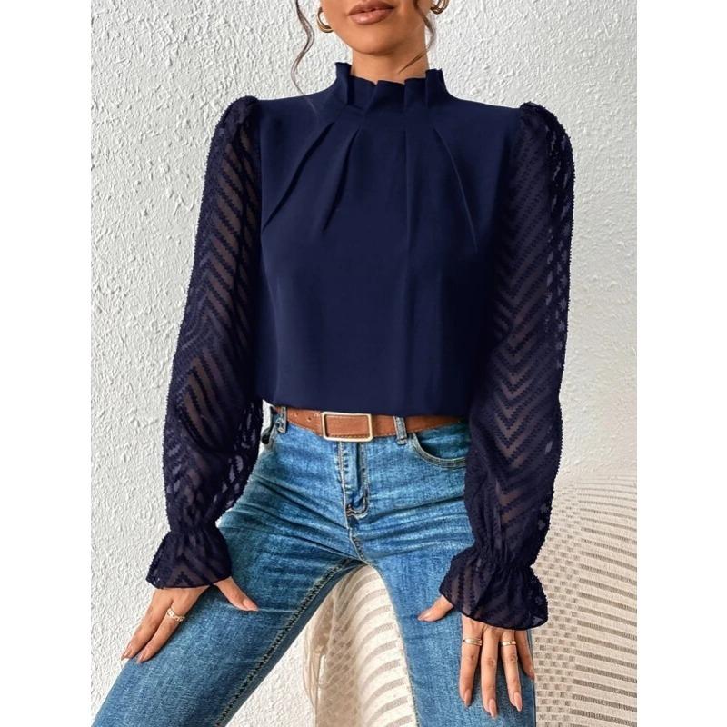 Half High Collar Long Sleeve Wavy Splicing Blouse Elegant Women Spirng Autumn Shirt Ladies Solid Color Loose Tops Sweet Simple Office Pleated Clothing