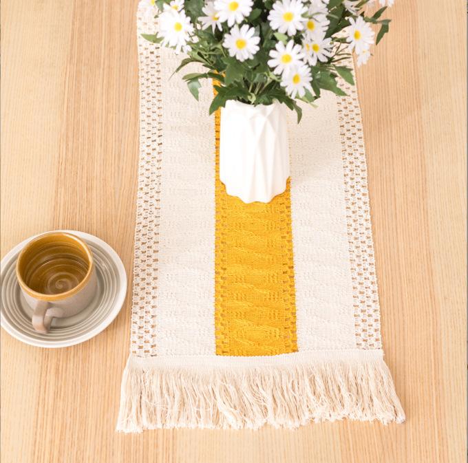 Tischfahne aus Baumwolle und Leinen zum Spleißen, zweifarbige gewebte Tischdecke mit Quaste, natürliches Material, Dekoration für den Homestay, pastorale Dekoration