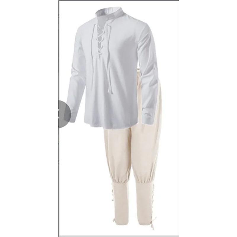 2Pcs Men's Medieval Knight Costume Set Renaissance Cosplay Pirate Shirts Ankle Banded Pants for Halloween Cotton Linen Fabric