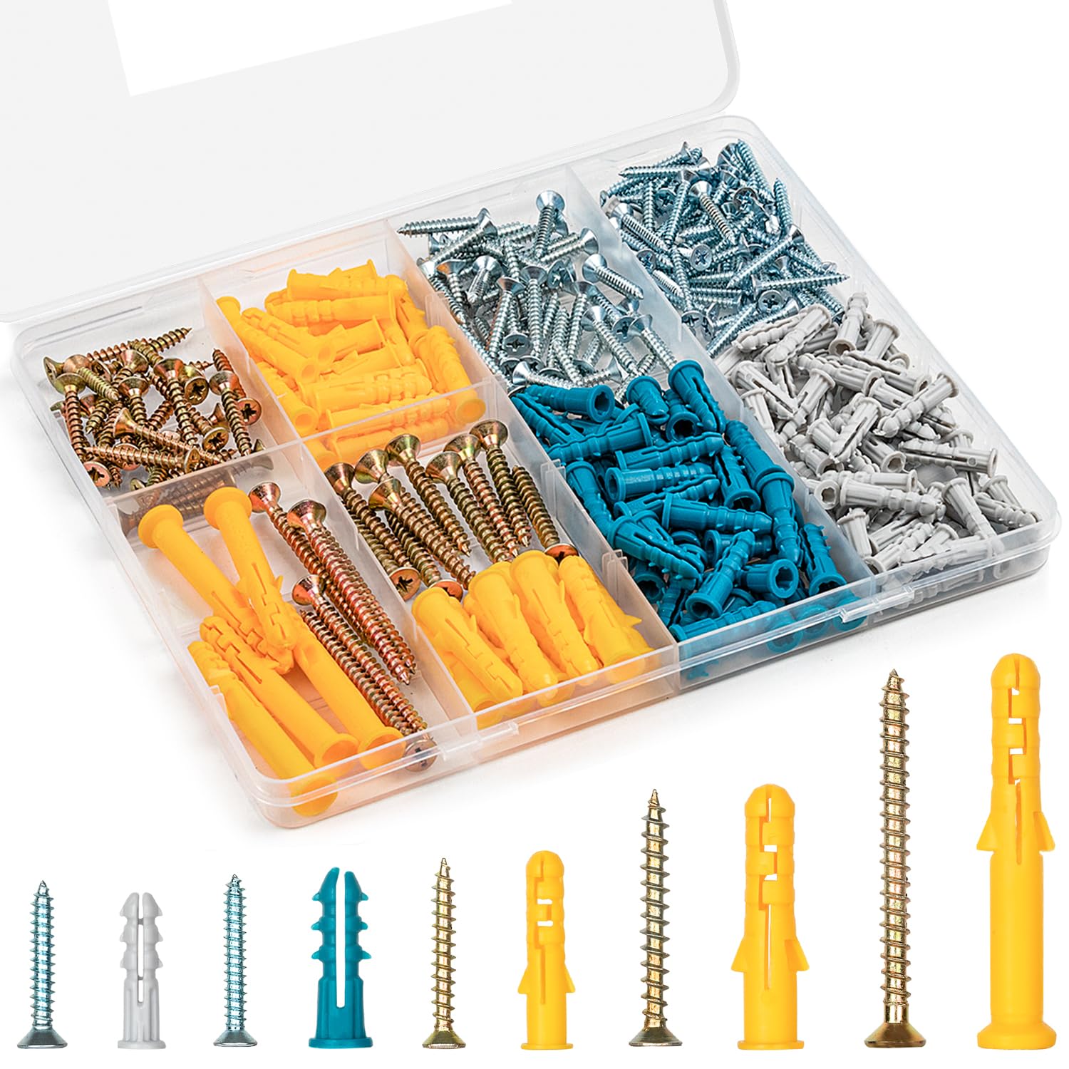 Plastic Wall Anchors and Screws Assortment Kit 230PCS, 115 Plastic Drywall Anchors and 115 Philips Flat Head Screws, 5 Sizes Galvanized Screws