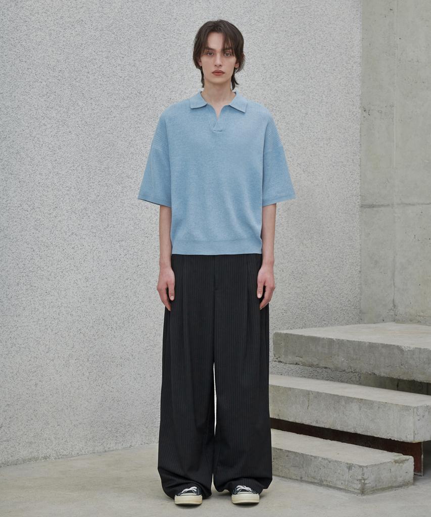 GLW Open Collar Waffle Half Knit Blue