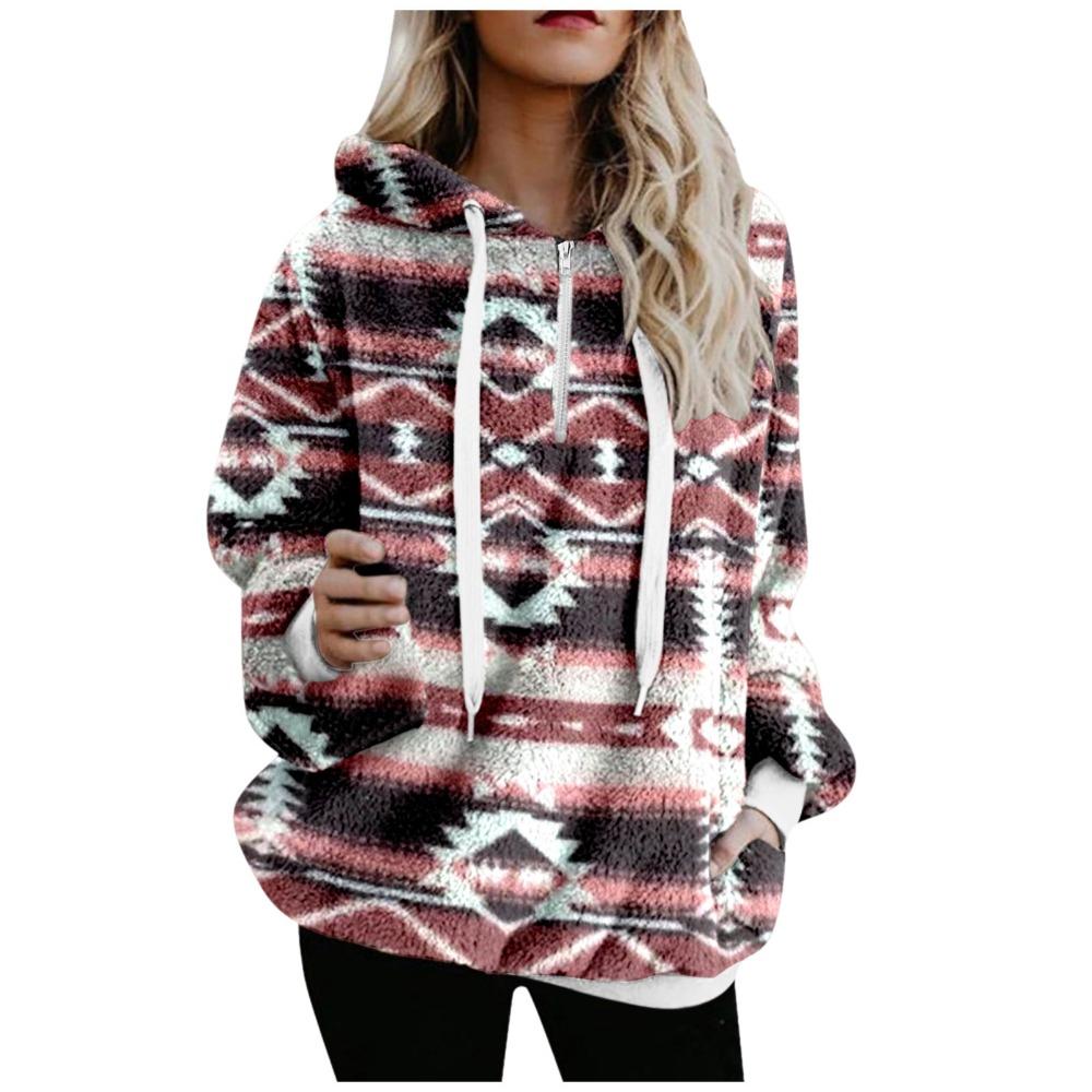 Women's Hooded Half Zip Fleece Sweatshirt Loose Fit Ethnic Geometric Print Pullover With Pockets