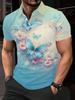 Men's Short-Sleeve Polo Shirt with Full-Body Blue Butterfly & Pink Floral Print - Button-Up Lapel Collar, Non- Suitable for Dates, Beach Vacations,