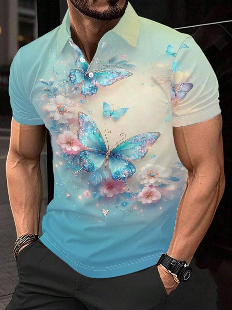 Men's Short-Sleeve Polo Shirt with Full-Body Blue Butterfly & Pink Floral Print - Button-Up Lapel Collar, Non- Suitable for Dates, Beach Vacations,