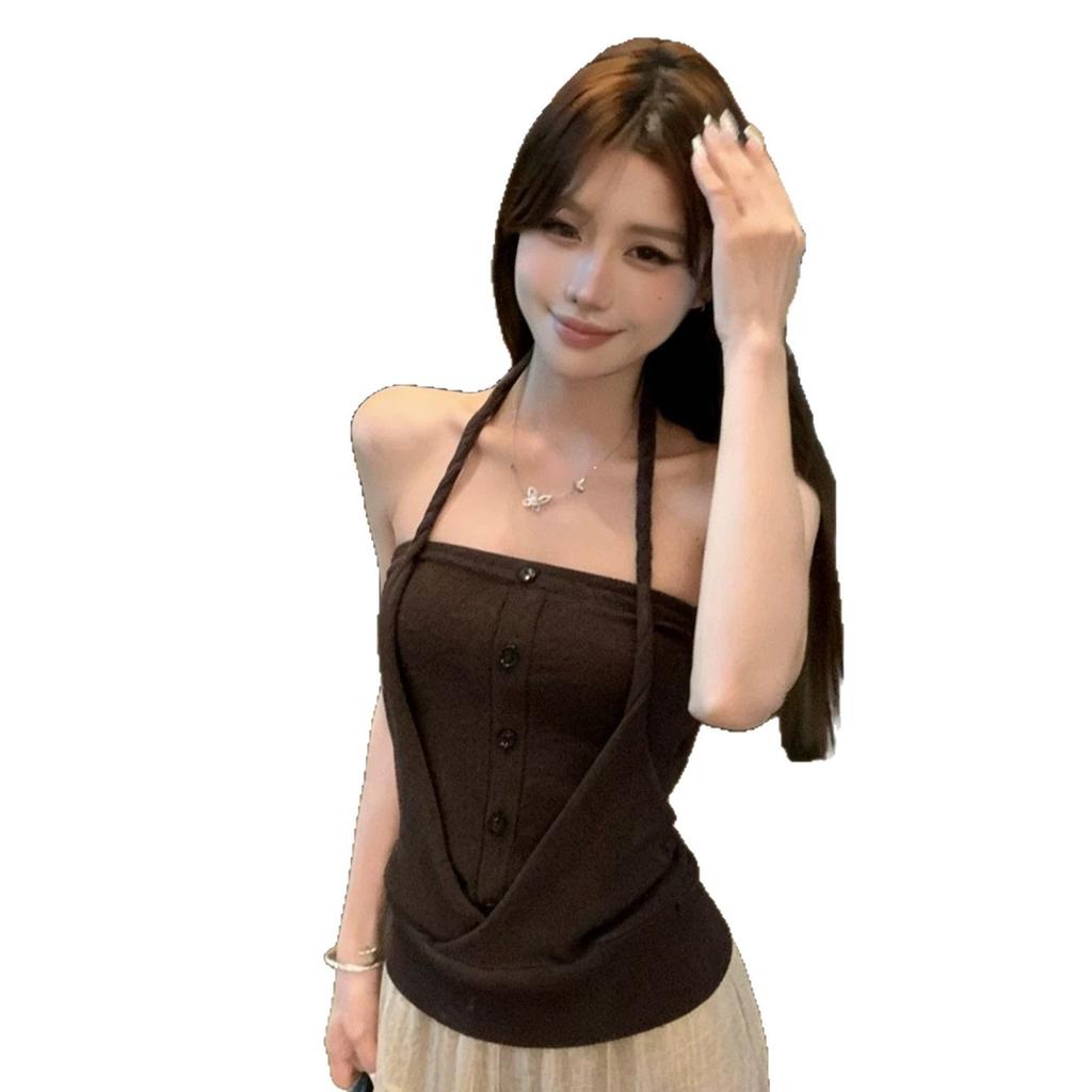 Neck-hanging Fake Two-piece Splicing Tube Top, Sling Vest, Pure Desire Spice Girl Outfit, Summer Design Niche Top
