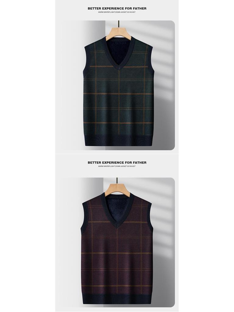Dad's Fleece-Lined Sweater Vest: Warm Knitted Base Layer for Middle-aged and Elderly Men in Autumn and Winter.
