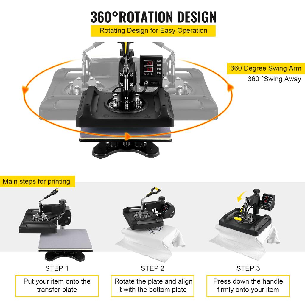 SucceBuy 30*38CM 8 in 1 Combo Upgrade Heat Press Machine 360° Rotation Sublimation Printer Cap Shirt Mug Plate 2D Heat Transfer