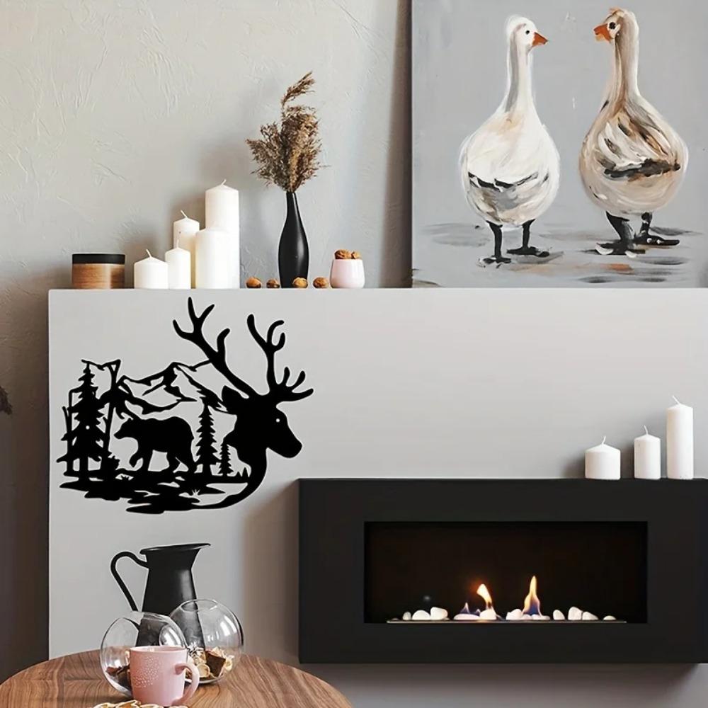 Wanddeko Wildtiere - Hirsch und Bär im Wald Kieferbaum Metallschild für Wohnzimmer- und Bürodeko