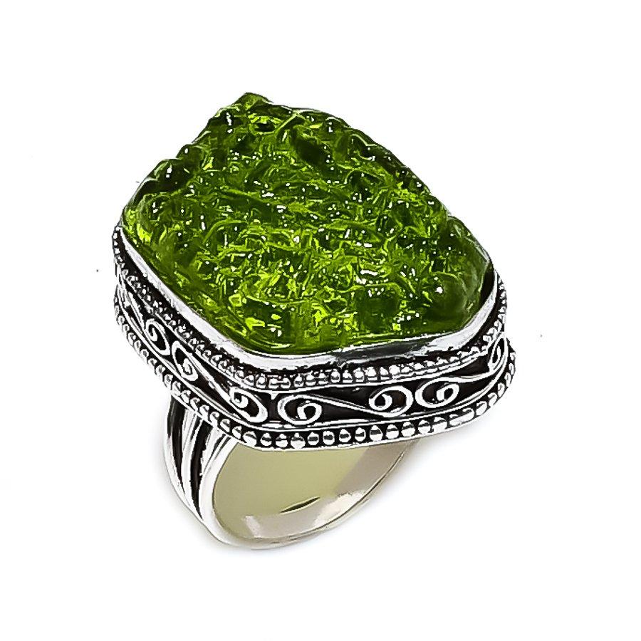 Natural Moldavite Quartz Gemstone 925 Sterling Silver Jewelry Ring Size 10 ETC-14131