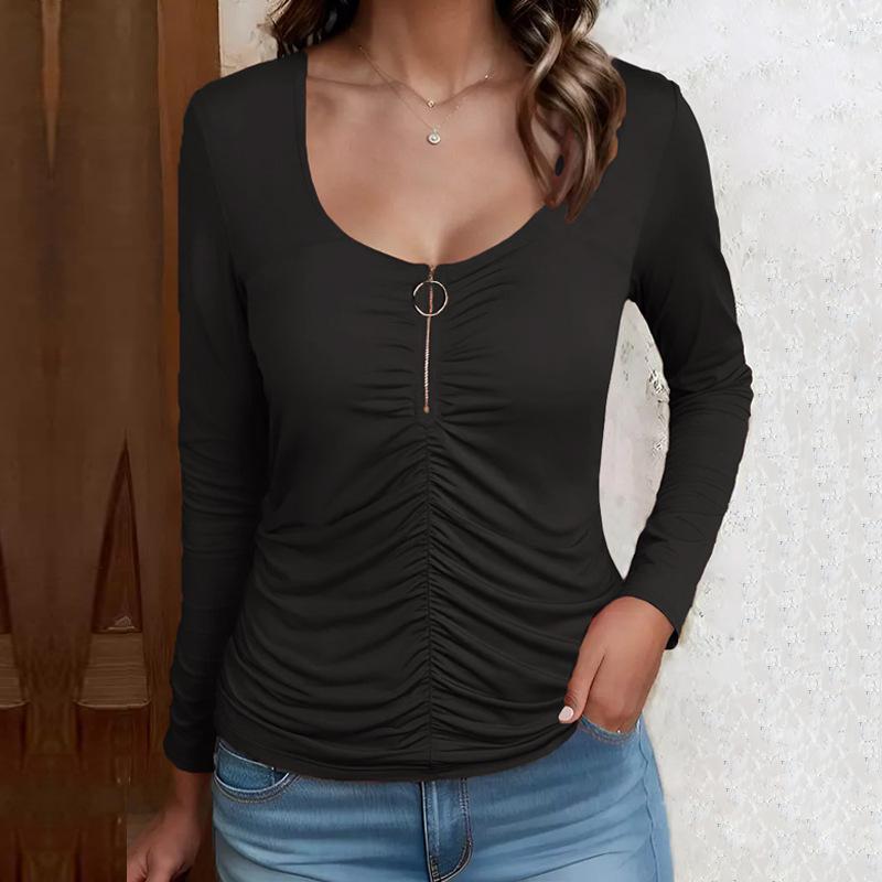 Women's Long-sleeved Solid Color Round Neck Pullover T-shirt with Zipper Half Placket Pleated Casual Top