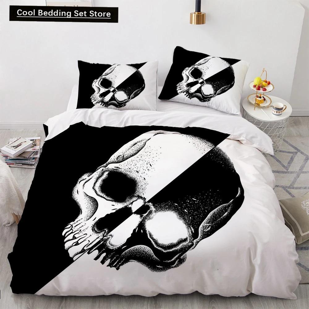 Skull Couple King Queen Duvet Cover Skeleton Bride Bedding Set Halloween White 23pcs Soft Quilt Cover for Kids Teens Adults