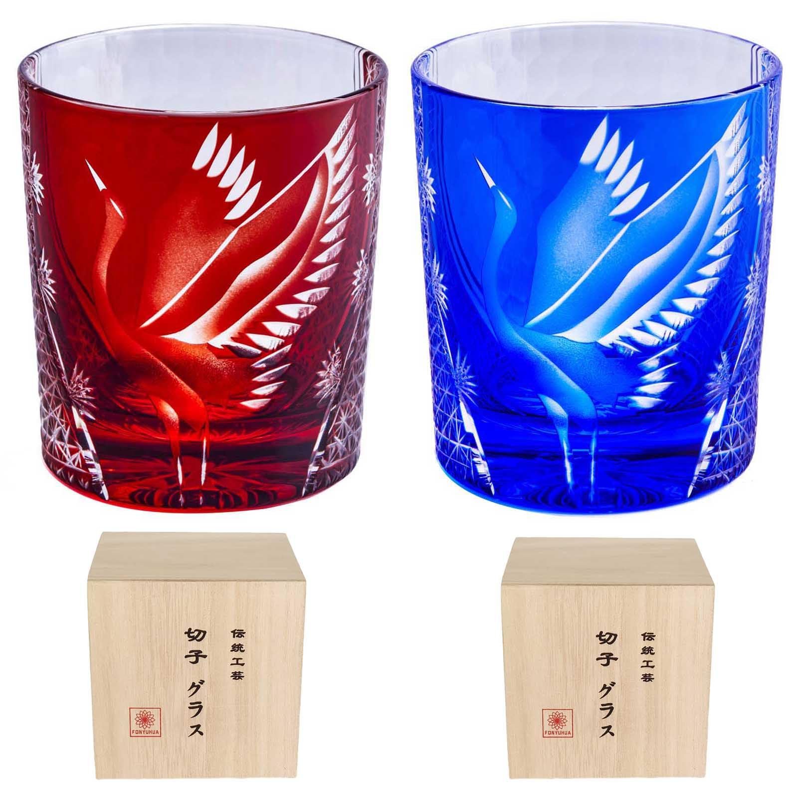 

FONYUHUA Cut Glass Rock Stylish Crane and Chrysanthemum Presented in a Paulownia Wood for A perfect gift for Popular 260cc of Glasses, Pair, Pattern,