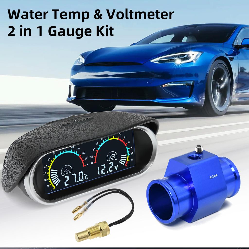 2 in 1 Universal Auto LCD Water Temperature Voltmeter Gauge 12V 24V With Head Plug Joint Pipe Sensor 10mm Hose Adapter 26MM-40MM
