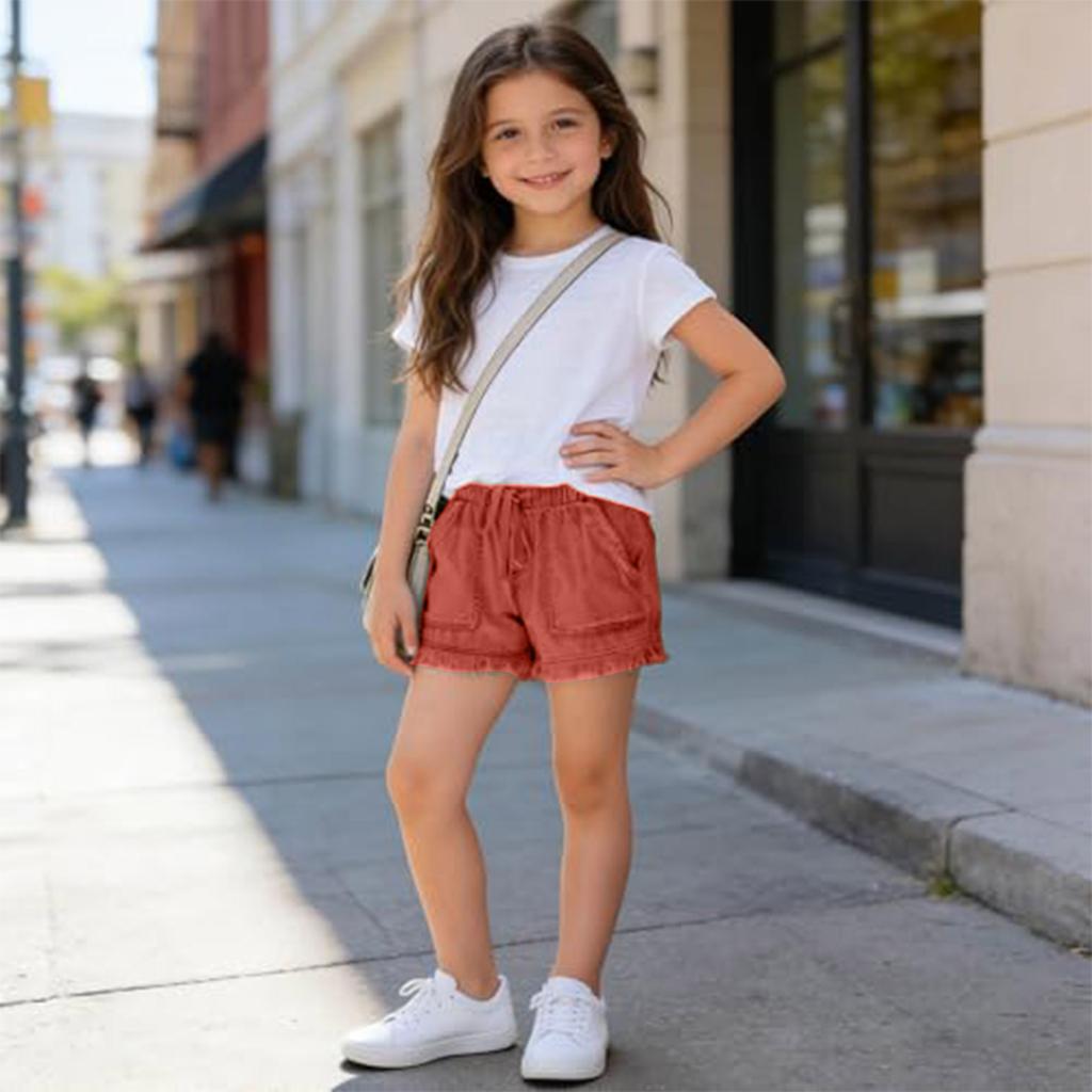Girls Elastic Waist Casual High Waist Drawstring Shorts with Frayed Hem and Front Pockets Lightweight Soft Fabric Summer Bottoms