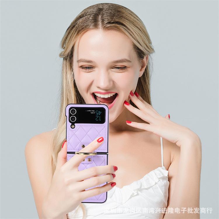 Applicable To Samsung Z Flip5 Folding Ring Buckle Mobile Phone Case, Japanese and Korean Diamond Leather Case, Zflip4 Back Cover Protective Case.