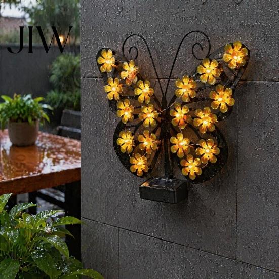 Decorative Butterfly Fence Lights 2Pcs Solar Outdoor Metal Wall Decor, IP65 Waterproof Garden Art with Lights, Hanging for Patio Porch