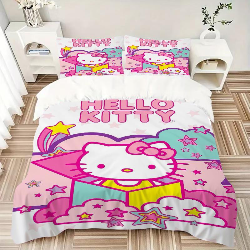 3pcs Hello Kitty with Stars and Clouds Print Bedding Set (1 Cover + 2 Pillowcases, Without Inserts),  Soft and Comfortable S041