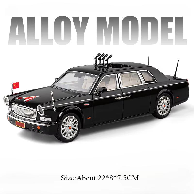 1:24 HONGQI H9 L5 Alloy Model Diecast Car Toy Sound Light Pull Back Door Opened Front Wheel Steering Vehice Collectible Ornament