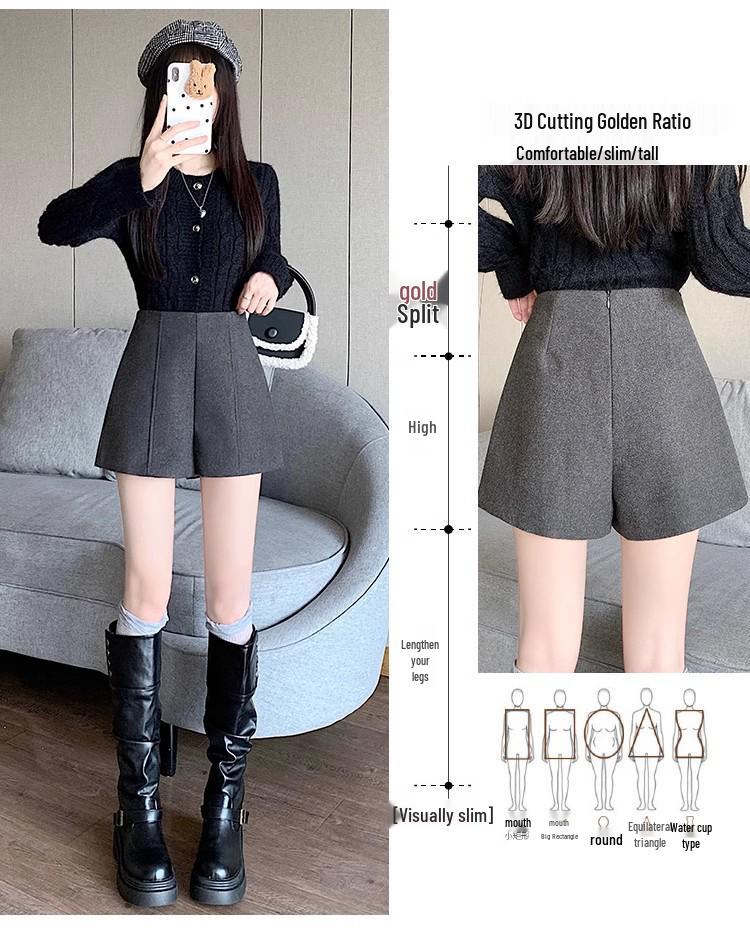 Women's Gray Woolen High-Waist A-line Shorts for Autumn & Winter - 2024 Casual Wide-Leg Pants with Boots