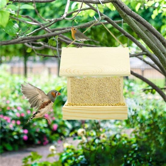 Wooden Hanging Bird Feeder with Easy-Open Roof Weatherproof Outdoor Wild Bird Feeder for Garden Patio Balcony Large Capacity Seeds Container for