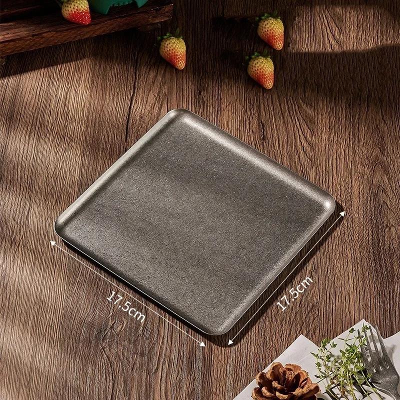 Vintage 304 Stainless Steel Snowflake Silver Square Tray Round Edge Dinner Plate Dessert Grill Tray Steak Plate Decorative Tray
