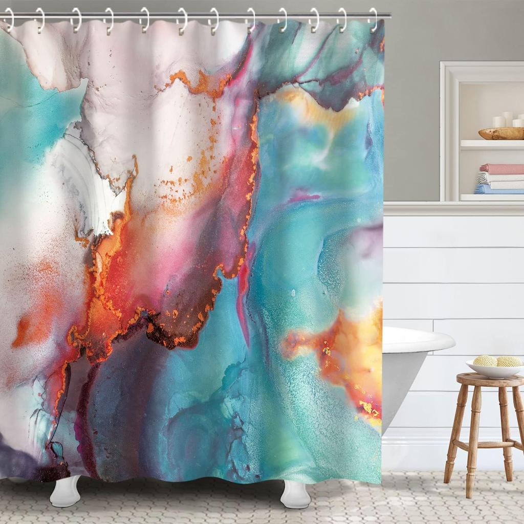 Blue Marble Shower Curtain, Abstract Teal Navy Ombre Striped Design With Hooks