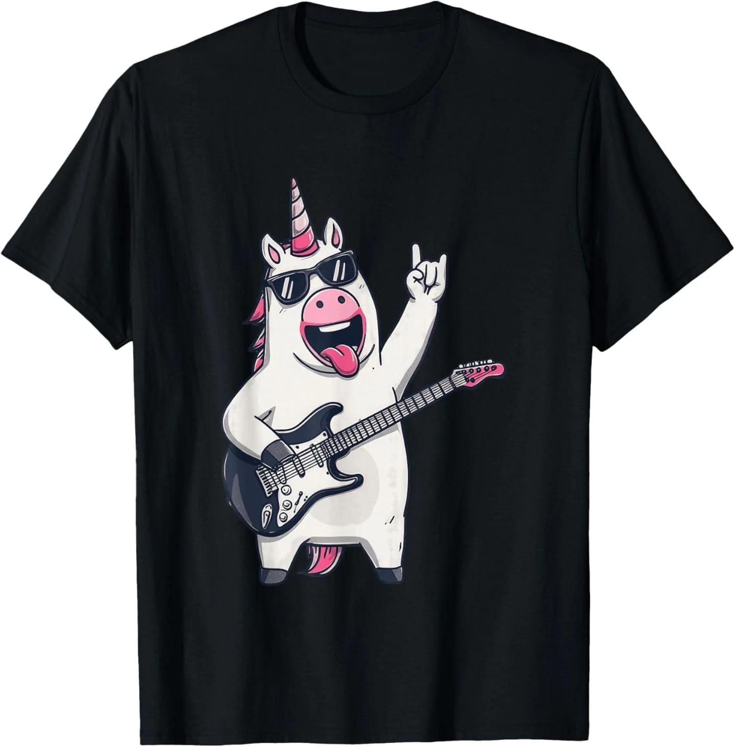 Забавная футболка с графикой единорога, играющего на гитаре в стиле рок-музыки, игривая, с острыми углами 4XL
