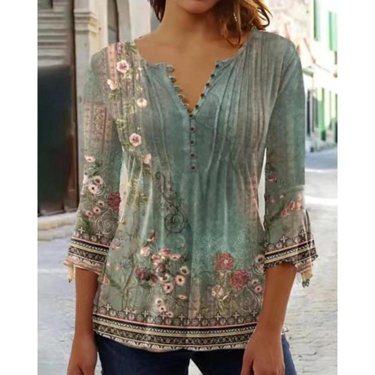 Spring Floral Print Women Plus Size Long Sleeve V Neck Loose Casual Blouse Button Top Tee Shirt