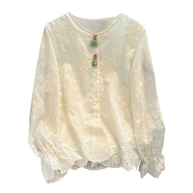Spring Jacquard Embroidered Lace Shirt Chinese Style Long Sleeve Blouse Women Elegant Fashion Top