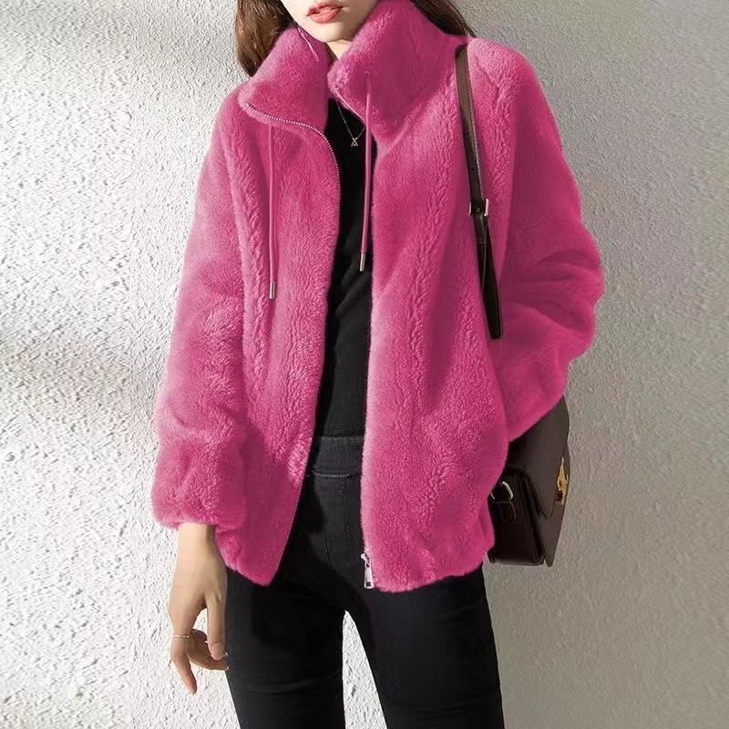 Women's Coral Fleece Plus Size Jacket Autumn Winter Double-Sided Fleece Warm Cardigan Hoodie Zipper Stand Collar Plush Jacket
