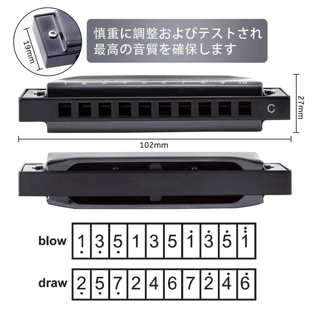 East Top Harmonica for Blues Stainless C 10 20 ABS Chrome Phosphor Bronze Cleaning Cloth High Suitable for Learning and Black Beginners, Harmonica,