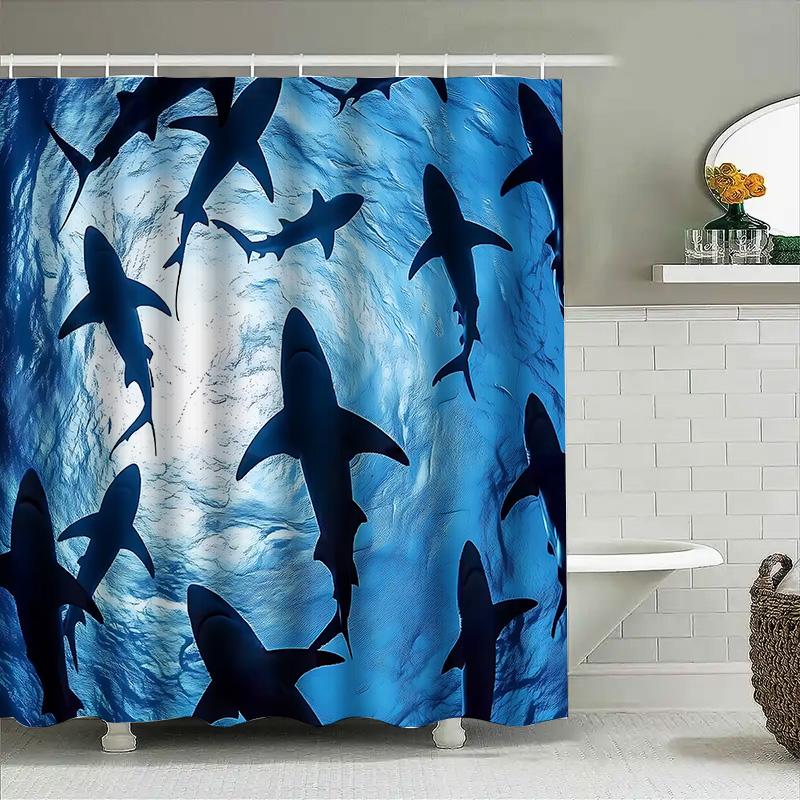 Underwater Shark Silhouette Shower Curtain Blue Ocean Theme Modern Decor Waterproof Fabric Bathroom Curtain With Shark Print