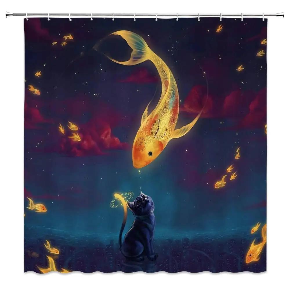 Japanese Waves Shower Curtain Cherry Blossom Pulm Flower Moon Koi Fish Kanagawa Waves Asian Romantic Fabric Bathroom Curtains W90xH180cm(35x70 in)