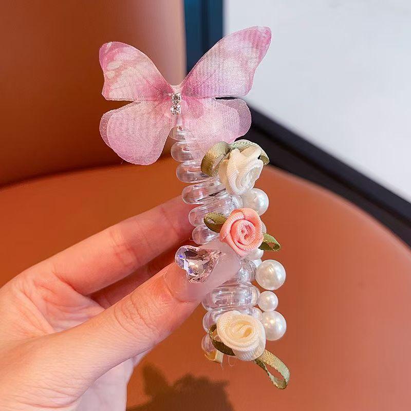 Retro Butterfly Phone Cord Hair Tie, Floral Spiral Ponytail Holder, Elastic Pearl & Crystal Hair Accessory for Women 1