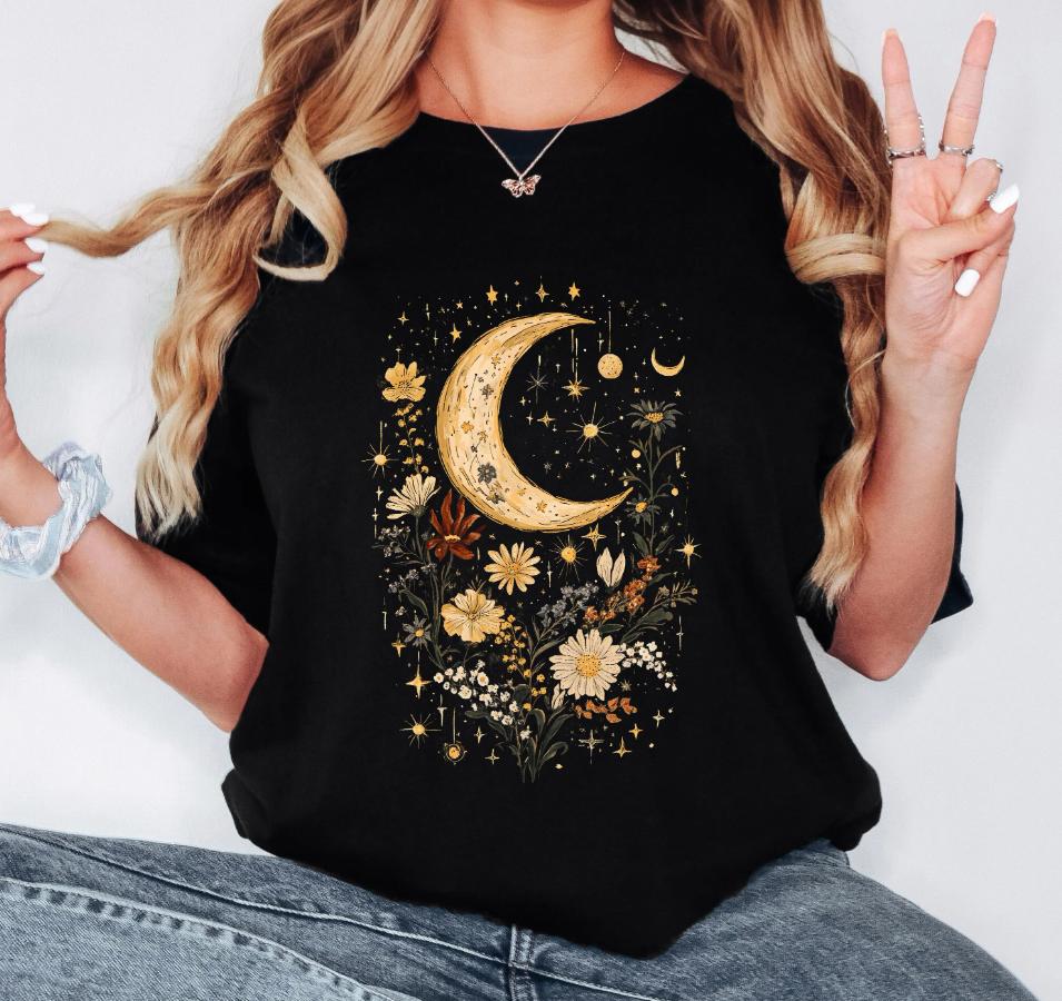 T-shirt d'été grande taille pour femme Lune Fleur Sauvage Cottagecore Coton Respirant Élégant Polyvalent Style Rue Surdimensionné