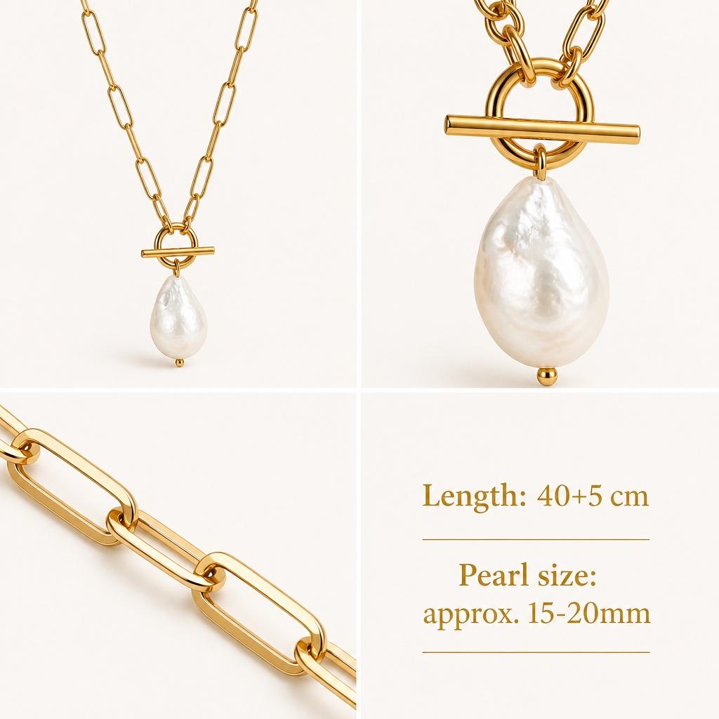 Ready to Ship Elegant Natural Baroque Pearl Gold Plated Paper Clip Chain Pendant Necklace Non Tarnish Summer Jewelry