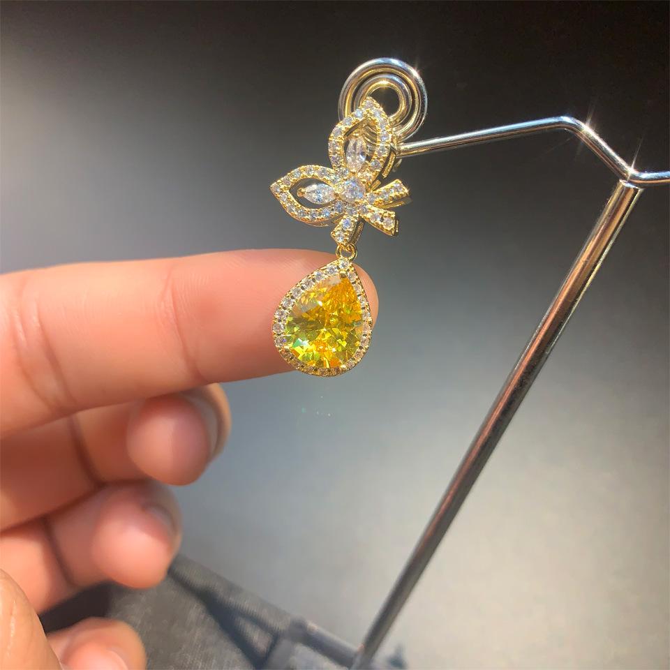Micro Inlaid Zircon Yellow Water Drop Wings Long Earrings Female Needle Temperament Small Daily Bow for Women Jewelry Gift