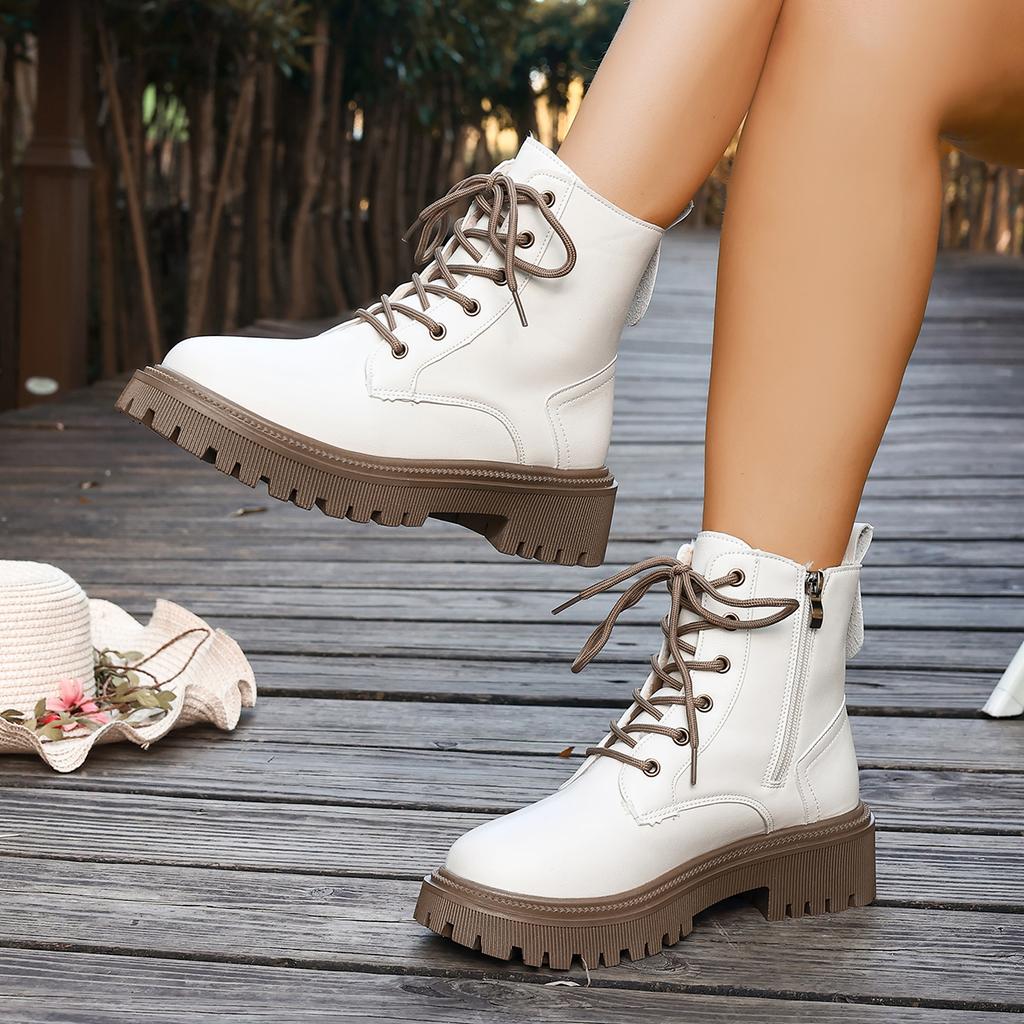 Plus-Size British Style Winter New Arrival Thick-Sole Fashion Black Round Toe Side  Lace Up Fleece-Lined Women'S Ankle Boots