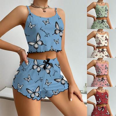 Women’s Fashion Butterfly Print Ribbed Cami Top and Shorts Two-Piece Pajama Set Comfortable Loungewear