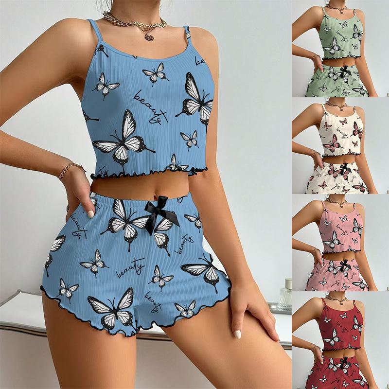 Women’s Fashion Butterfly Print Ribbed Cami Top and Shorts Two-Piece Pajama Set Comfortable Loungewear