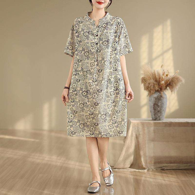 Real Shot Summer New Large Size Straight Skirt Thin Cotton and Linen Dress Women's Clothing