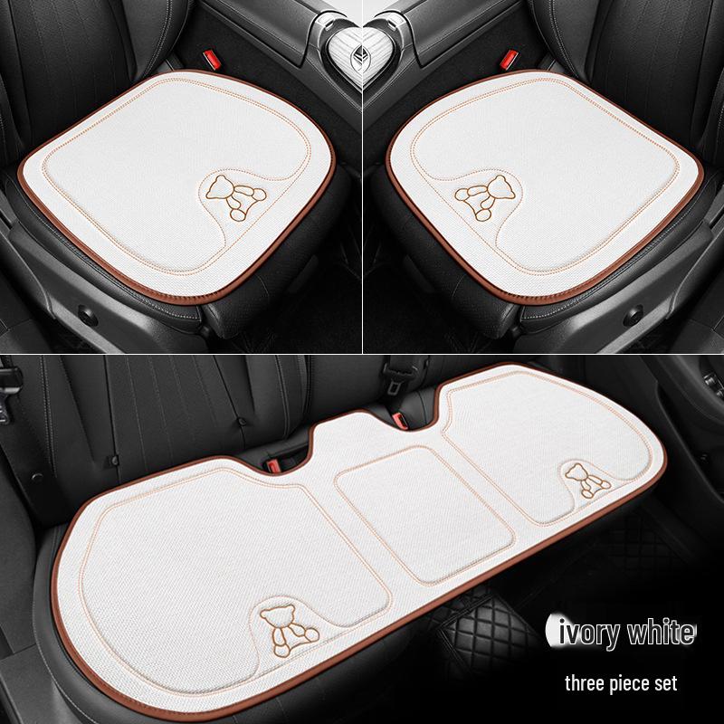 Four Seasons Universal Linen Car Seat Cushion - Cartoon Bear, Breathable, Half-Wrap Rear Seat Cover