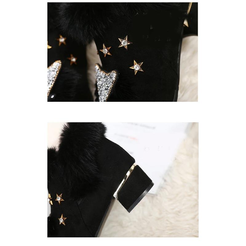 Dámské kotníkové boty Křišťálová hlava lišky Dámské boty Zimní móda Kovová špička Nadýšený plyš Vysoký podpatek Dámská svatební párty obuv